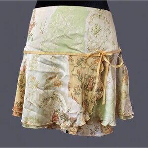 Y2K Wrap Mini Skirt Vintage Cottagecore Floral Ruffle Hem Asymmetrical Patchwork